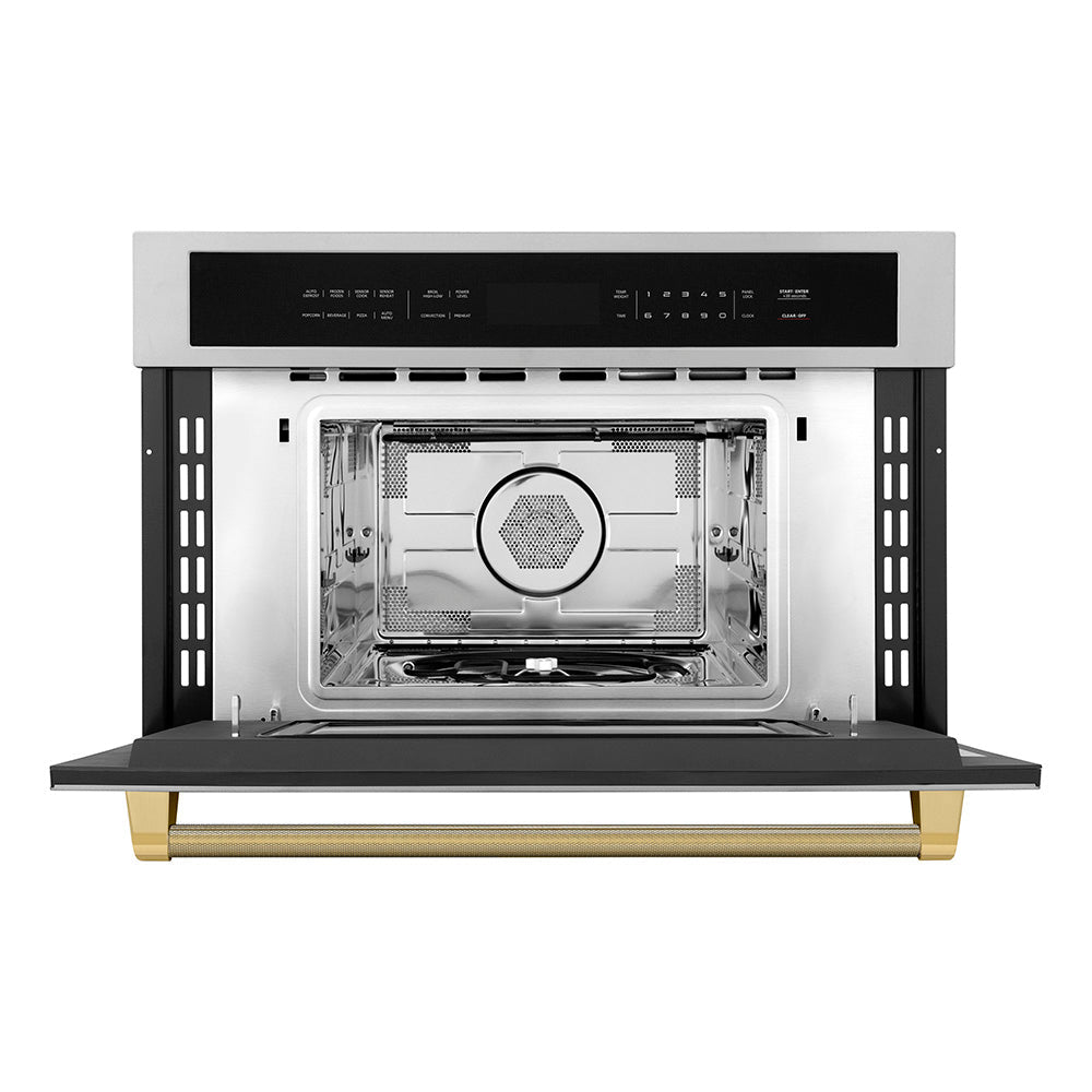 ZLINE Autograph Edition 30 in. 1.6 cu ft. Built-in Convection Microwave Oven in Stainless Steel and Polished Gold Helix Handle (MWOZ-30-KG)