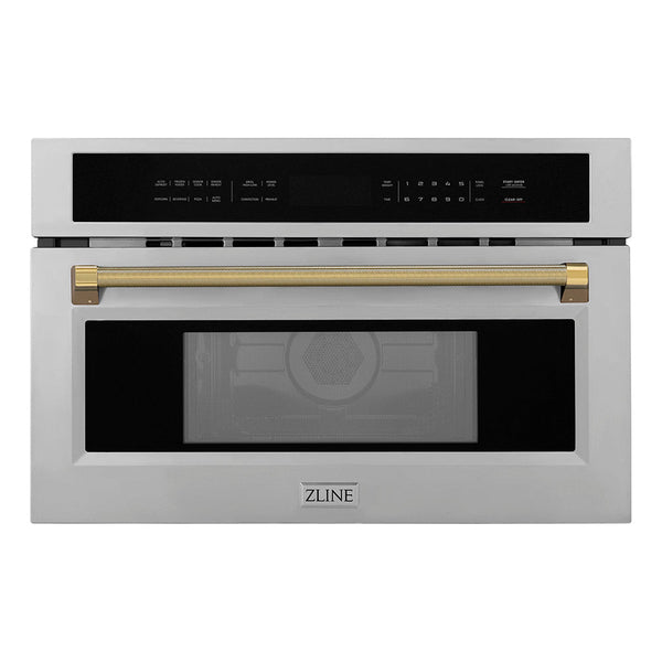 ZLINE Autograph Edition 30 in. 1.6 cu ft. Built-in Convection Microwave Oven in Stainless Steel and Polished Gold Helix Handle (MWOZ-30-KG)