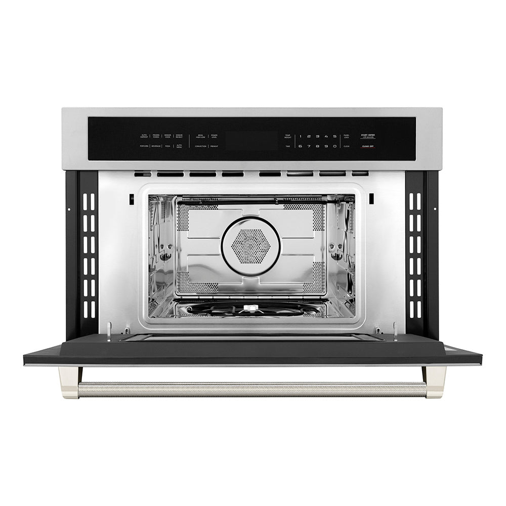 ZLINE Autograph Edition 30 in. 1.6 cu ft. Built-in Convection Microwave Oven in Stainless Steel and Polished Nickel Helix Handle (MWOZ-30-KPN)