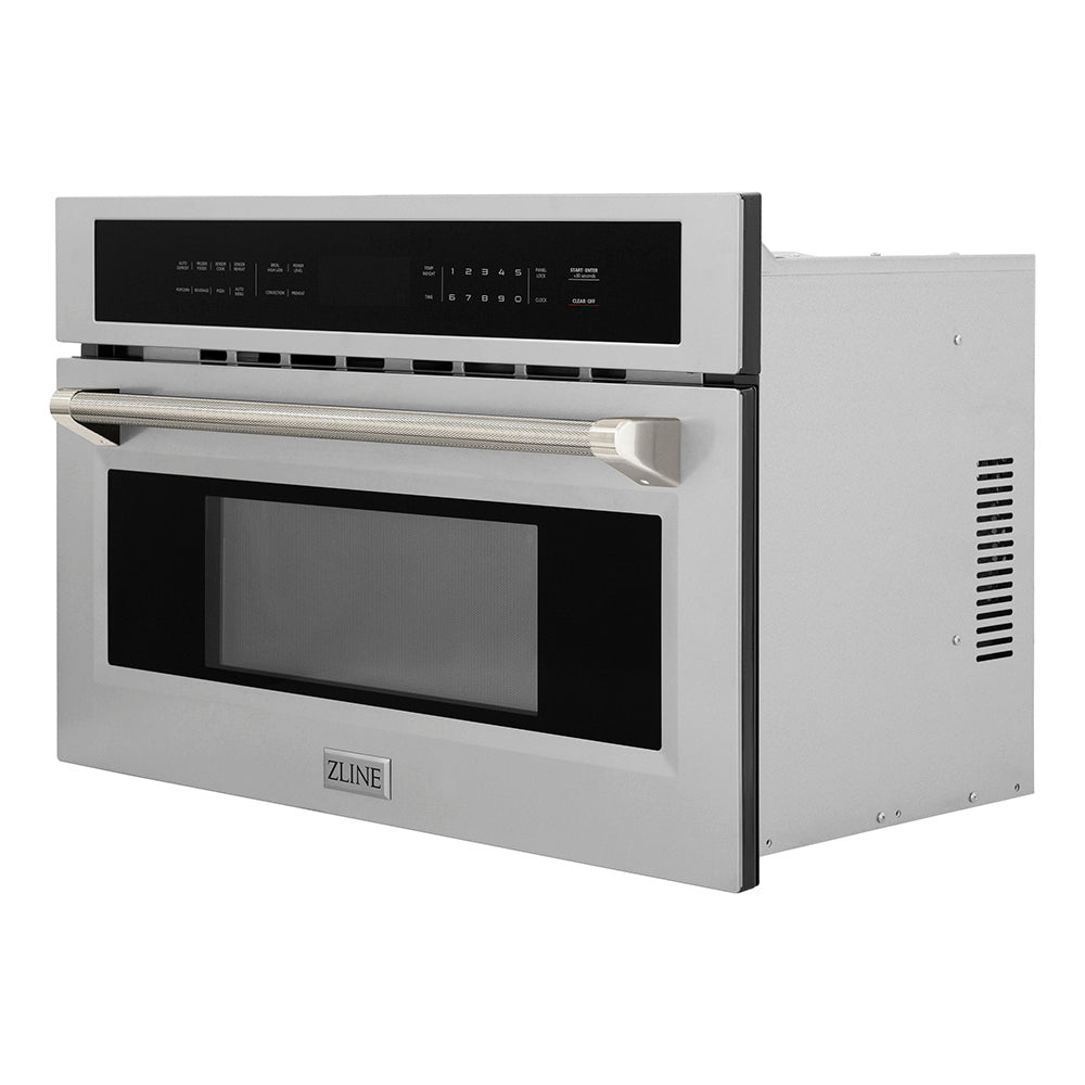 ZLINE Autograph Edition 30 in. 1.6 cu ft. Built-in Convection Microwave Oven in Stainless Steel and Polished Nickel Helix Handle (MWOZ-30-KPN)