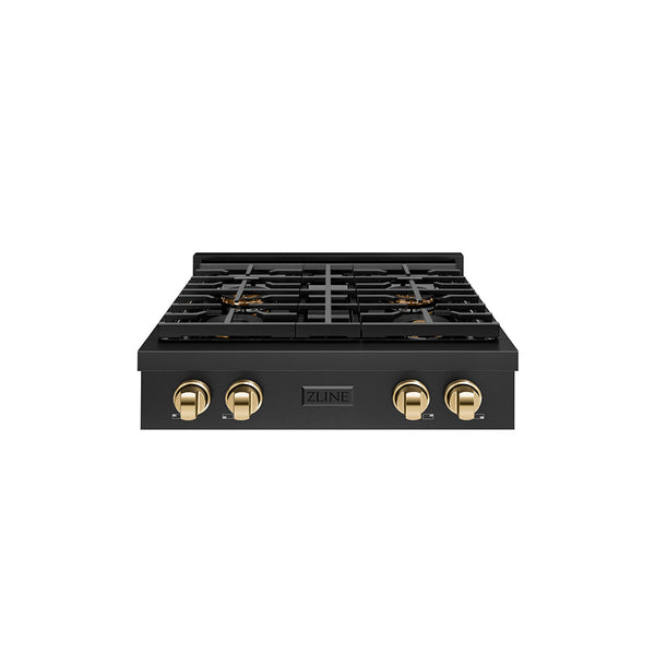 ZLINE Autograph Edition 30 in. Paramount Gas Rangetop with 4 Burner DuoPro™ Cooktop in Black Stainless Steel and Polished Gold Accents (PSRTBZ-30-G)