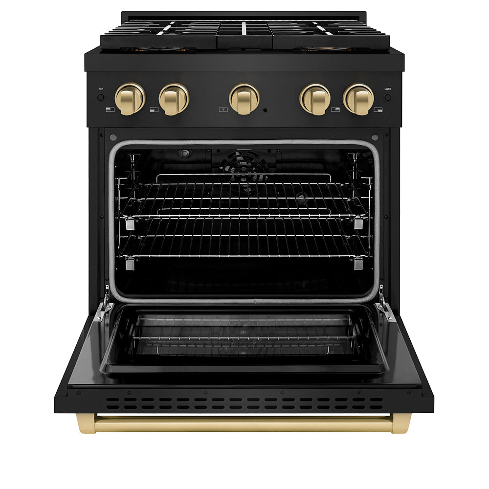 ZLINE Autograph Edition 30 in. 4.2 cu. ft. Paramount Dual Fuel Range with 4 Burner DuoPro™ Cooktop and Electric Convection Oven in Black Stainless Steel and Champagne Bronze Accents (PSDRBZ-30-CB)