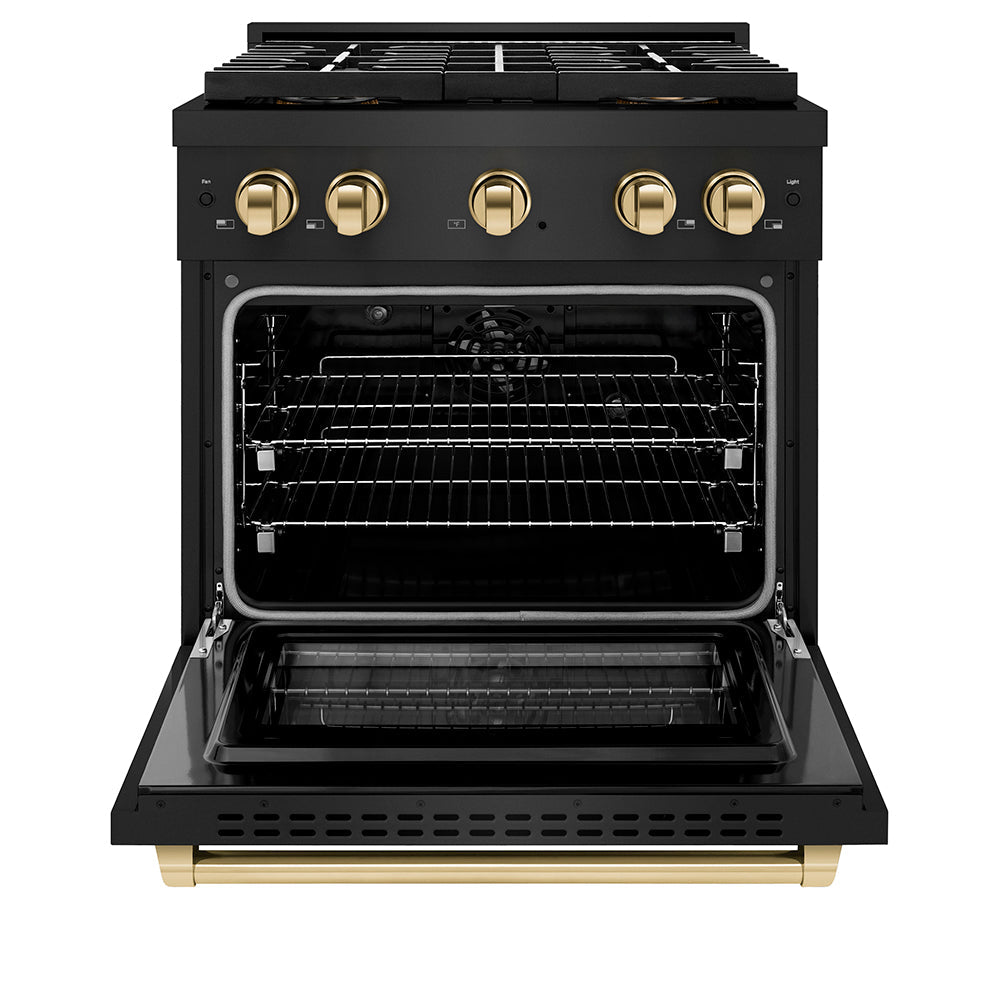 ZLINE Autograph Edition 30 in. 4.2 cu. ft. Paramount Dual Fuel Range with 4 Burner DuoPro™ Cooktop and Electric Convection Oven in Black Stainless Steel and Polished Gold Accents (PSDRBZ-30-G)