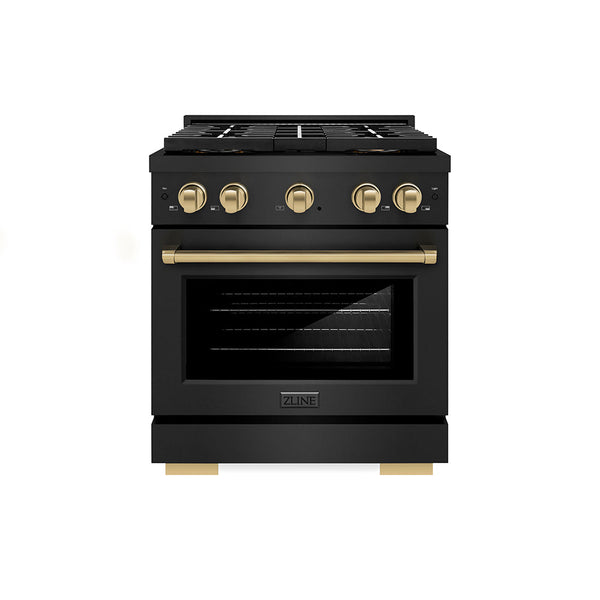 ZLINE Autograph Edition 30 in. 4.2 cu. ft. Paramount Gas Range with 4 Burner DuoPro™ Cooktop and Convection Gas Oven in Black Stainless Steel and Champagne Bronze Accents (PSGRBZ-30-CB)