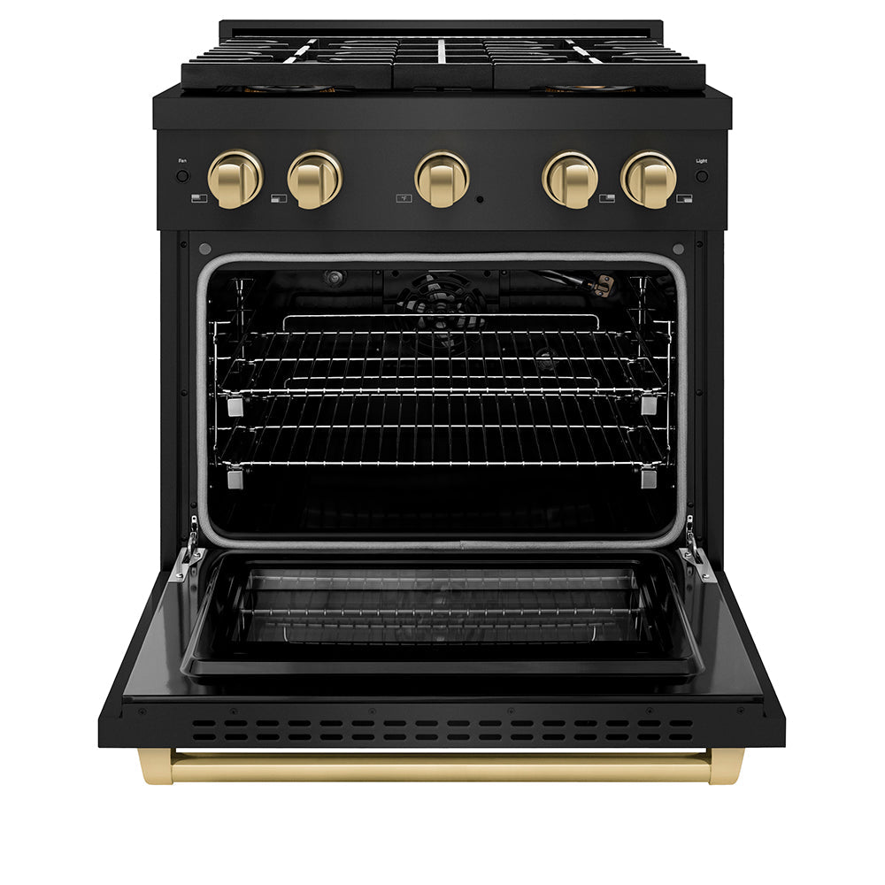 ZLINE Autograph Edition 30 in. 4.2 cu. ft. Paramount Gas Range with 4 Burner DuoPro™ Cooktop and Convection Gas Oven in Black Stainless Steel and Champagne Bronze Accents (PSGRBZ-30-CB)