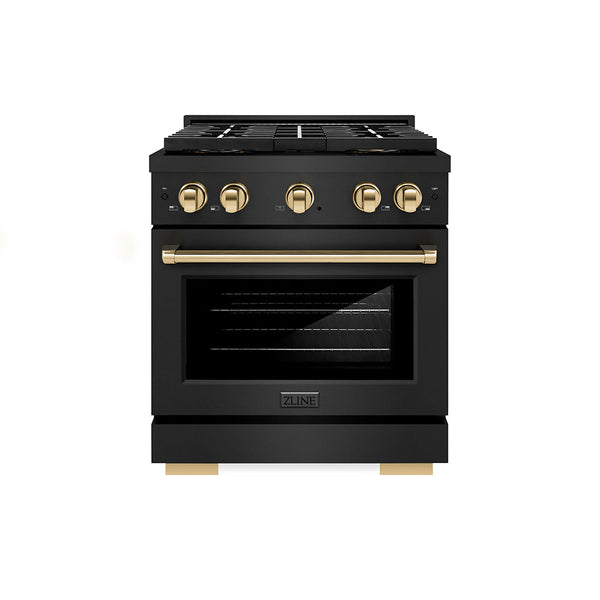 ZLINE Autograph Edition 30 in. 4.2 cu. ft. Paramount Gas Range with 4 Burner DuoPro™ Cooktop and Convection Gas Oven in Black Stainless Steel and Polished Gold Accents (PSGRBZ-30-G)