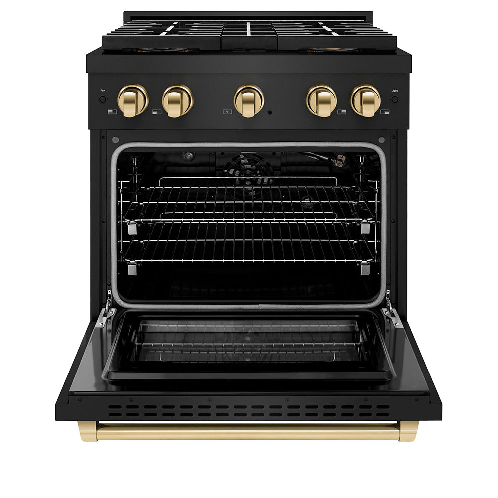 ZLINE Autograph Edition 30 in. 4.2 cu. ft. Paramount Gas Range with 4 Burner DuoPro™ Cooktop and Convection Gas Oven in Black Stainless Steel and Polished Gold Accents (PSGRBZ-30-G)