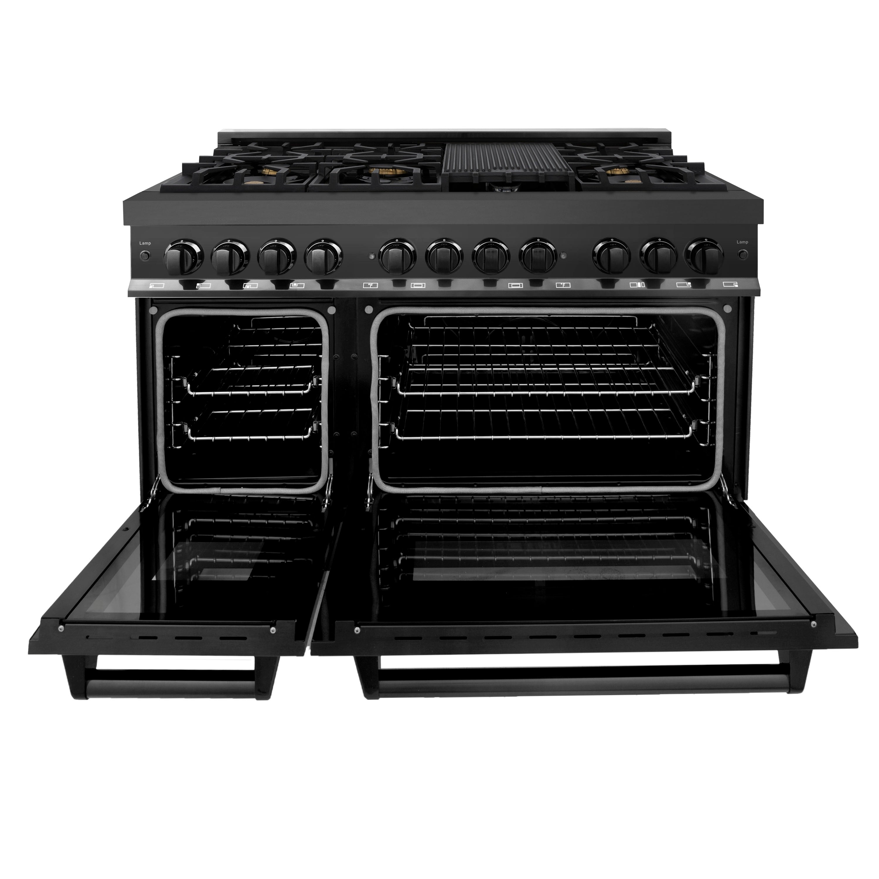 ZLINE 48 in. 6.0 cu. ft. Legacy Dual Fuel Range with 7 Burner Gas Cooktop and 2 Electric Ovens in Black Stainless Steel (RAB-48)