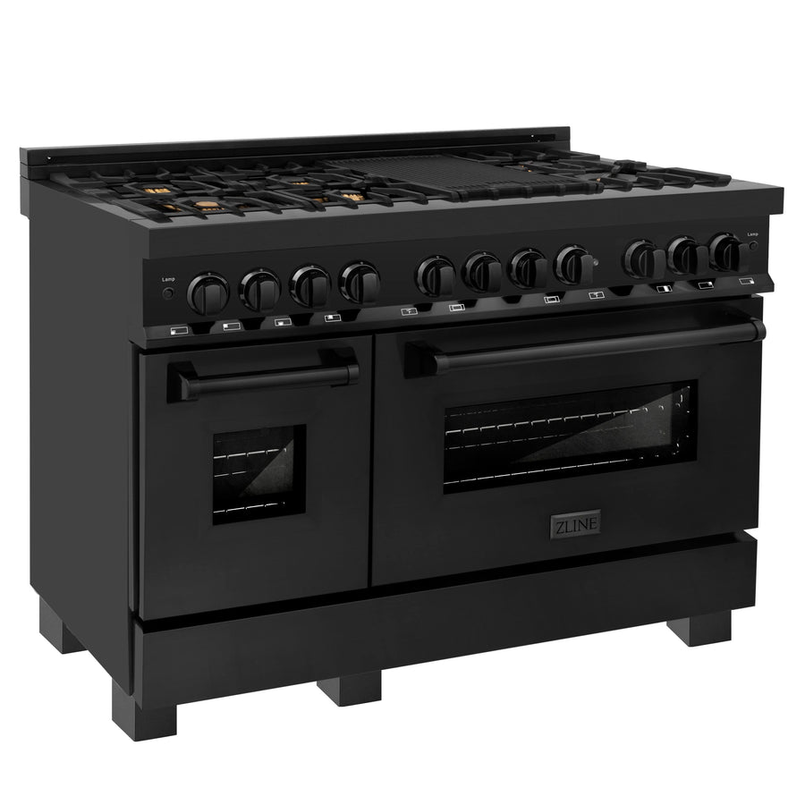 ZLINE Kitchen Package with Black Stainless Steel Refrigeration, 48" Dual Fuel Range, 48" Range Hood, Microwave Drawer, and 24" Tall Tub Dishwasher (5KPR-RABRH48-MWDWV)