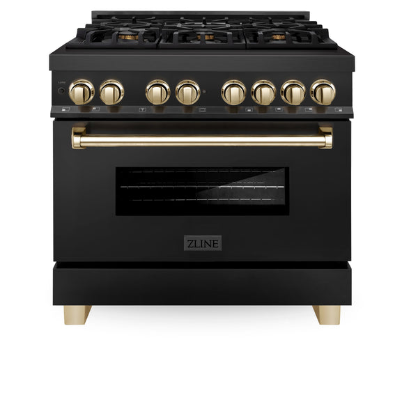 36" ZLINE Appliances Package - Autograph Edition Black Stainless Steel Dual Fuel Range, Range Hood, Dishwasher and Refrigeration Water & Ice Dispenser, Gold Accents (4KAPR-RABRHDWV36-G)