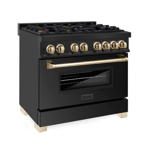 36" ZLINE Appliances Package - Autograph Edition Black Stainless Steel Dual Fuel Range, Range Hood, Dishwasher and Refrigeration Water & Ice Dispenser, Gold Accents (4KAPR-RABRHDWV36-G)