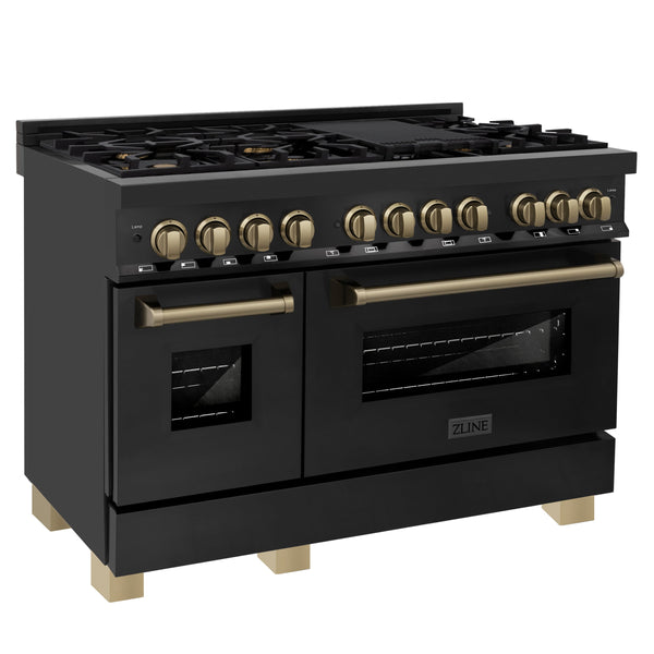 ZLINE 48" Appliance Package - Autograph Edition - Black Stainless Steel Dual Fuel Range, Range Hood, Dishwasher and Refrigeration with Champagne Bronze Accents (4AKPR-RABRHDWV48-CB)