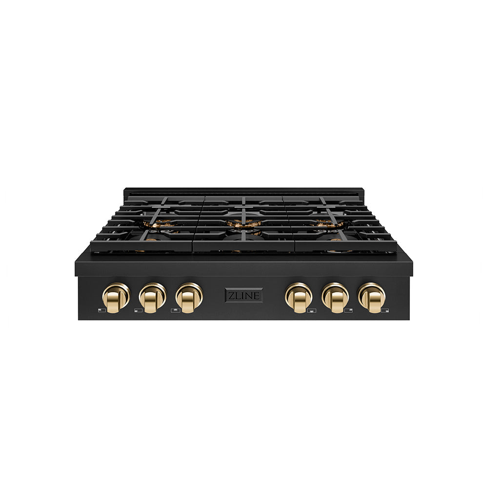 ZLINE Autograph Edition 36 in. Paramount Gas Rangetop with 6 Burner DuoPro™ Cooktop in Black Stainless Steel and Polished Gold Accents (PSRTBZ-36-G)