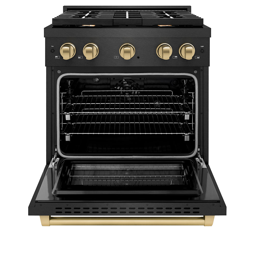ZLINE Autograph Edition 30 in. 4.2 cu. ft. Paramount Dual Fuel Range with 4 Burner Gas Cooktop and Electric Convection Oven in Black Satin Stainless Steel with Champagne Bronze Accents (SDRBSZ-30-CB)