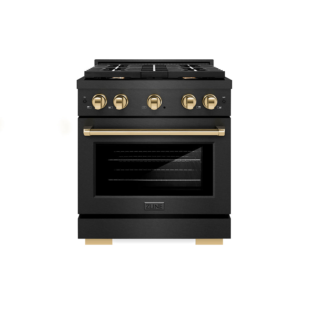 ZLINE Autograph Edition 30 in. 4.2 cu. ft. Paramount Dual Fuel Range with 4 Burner Gas Cooktop and Electric Convection Oven in Black Satin Stainless Steel with Polished Gold Accents (SDRBSZ-30-G)