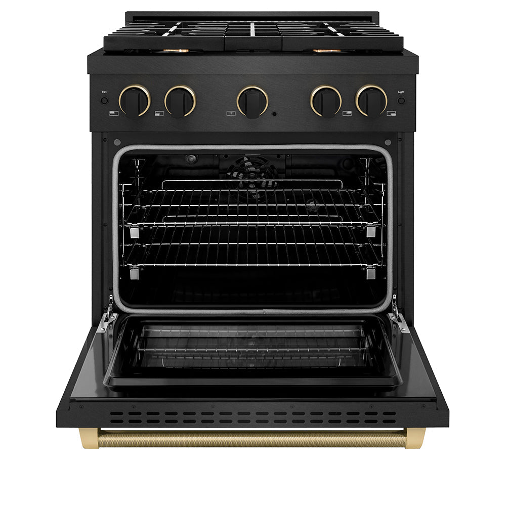 ZLINE Designer Collection 30 in. 4.2 cu. ft. Paramount Dual Fuel Range with 4 Burner Gas Cooktop and Electric Convection Oven in Black Satin Stainless Steel with Matte Black and Champagne Bronze Accents (SDRBSZ-30-MBCB)
