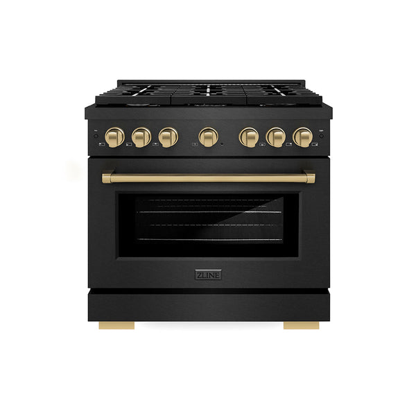 ZLINE Autograph Edition 36 in. 5.2 cu. ft. Paramount Dual Fuel Range with 6 Burner Gas Cooktop and Electric Convection Oven in Black Satin Stainless Steel with Champagne Bronze Accents (SDRBSZ-36-CB)
