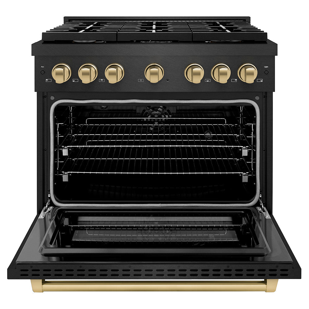 ZLINE Autograph Edition 36 in. 5.2 cu. ft. Paramount Dual Fuel Range with 6 Burner Gas Cooktop and Electric Convection Oven in Black Satin Stainless Steel with Champagne Bronze Accents (SDRBSZ-36-CB)
