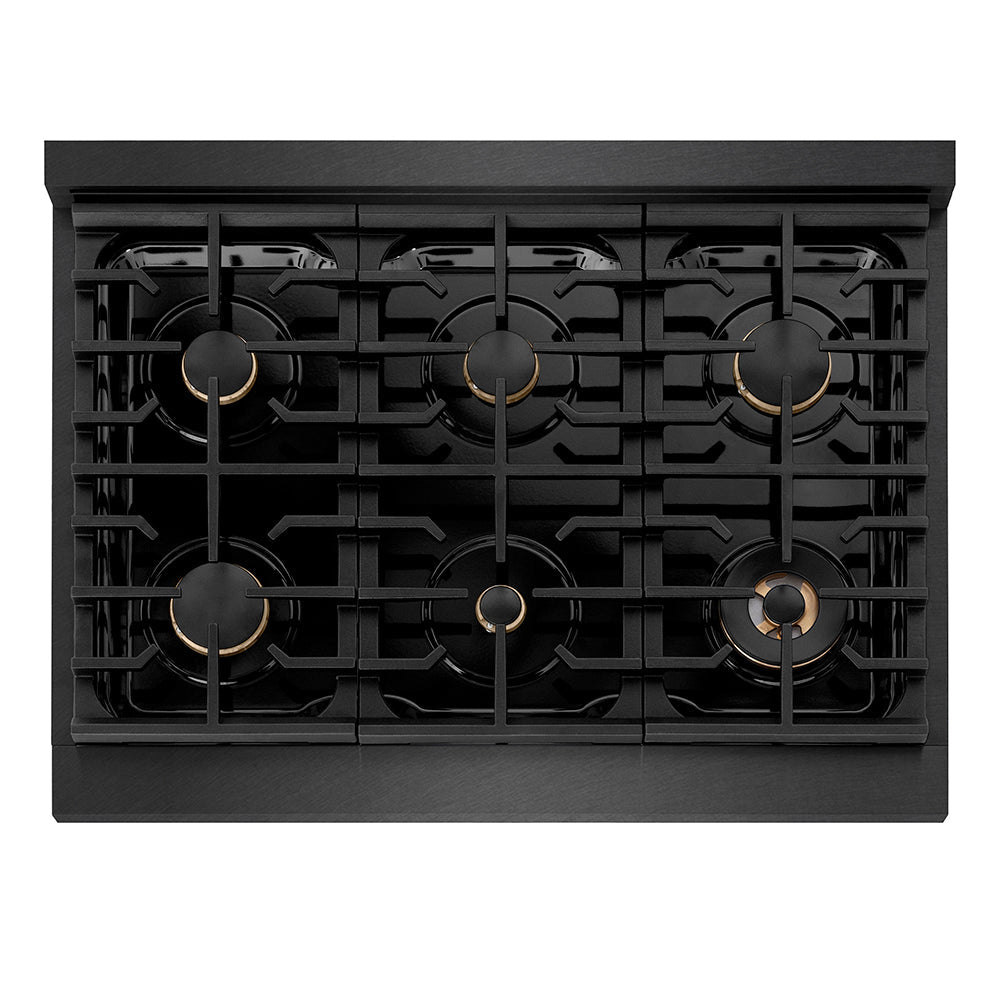 ZLINE Autograph Edition 36 in. 5.2 cu. ft. Paramount Dual Fuel Range with 6 Burner Gas Cooktop and Electric Convection Oven in Black Satin Stainless Steel with Champagne Bronze Accents (SDRBSZ-36-CB)