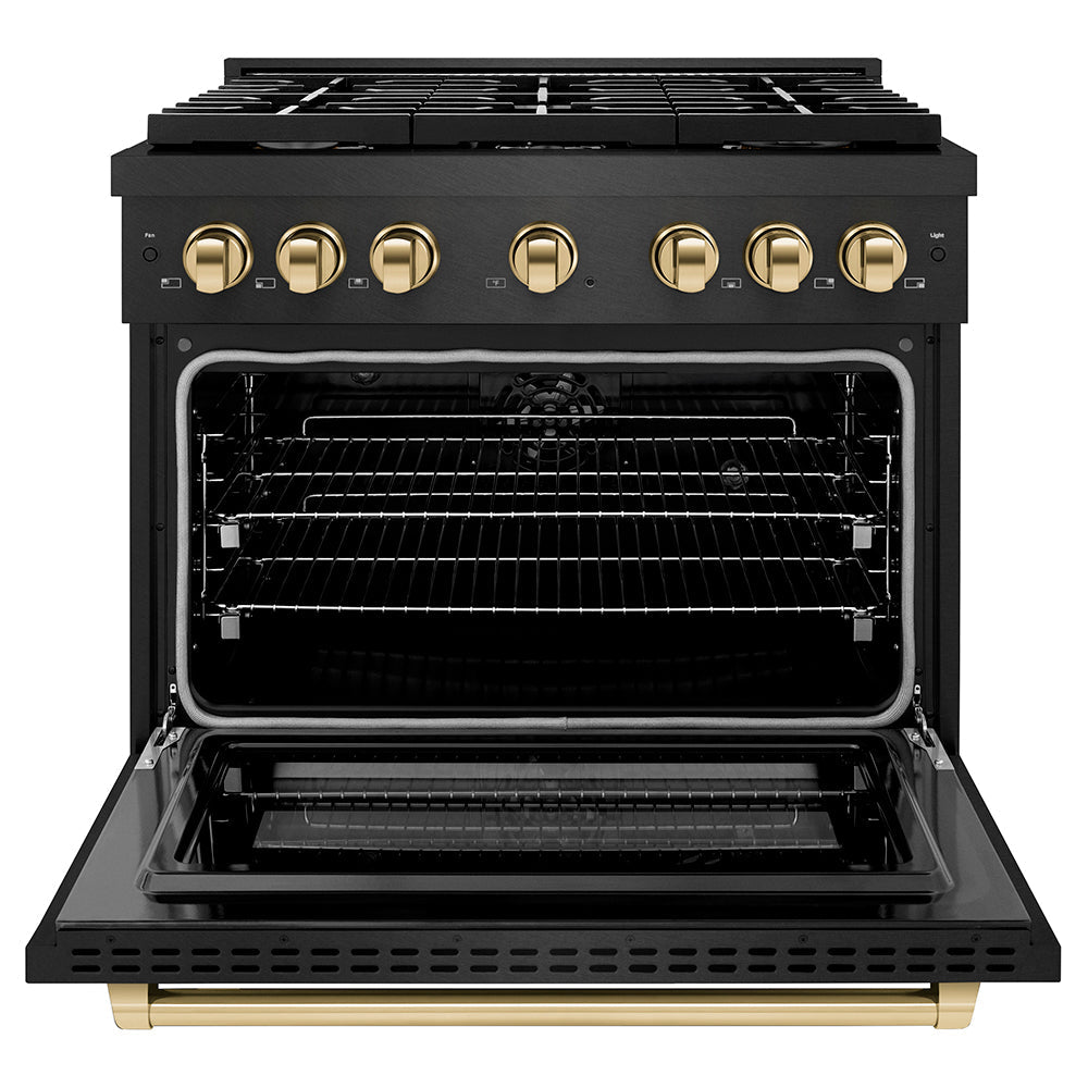 ZLINE Autograph Edition 36 in. 5.2 cu. ft. Paramount Dual Fuel Range with 6 Burner Gas Cooktop and Electric Convection Oven in Black Satin Stainless Steel with Polished Gold Accents (SDRBSZ-36-G)