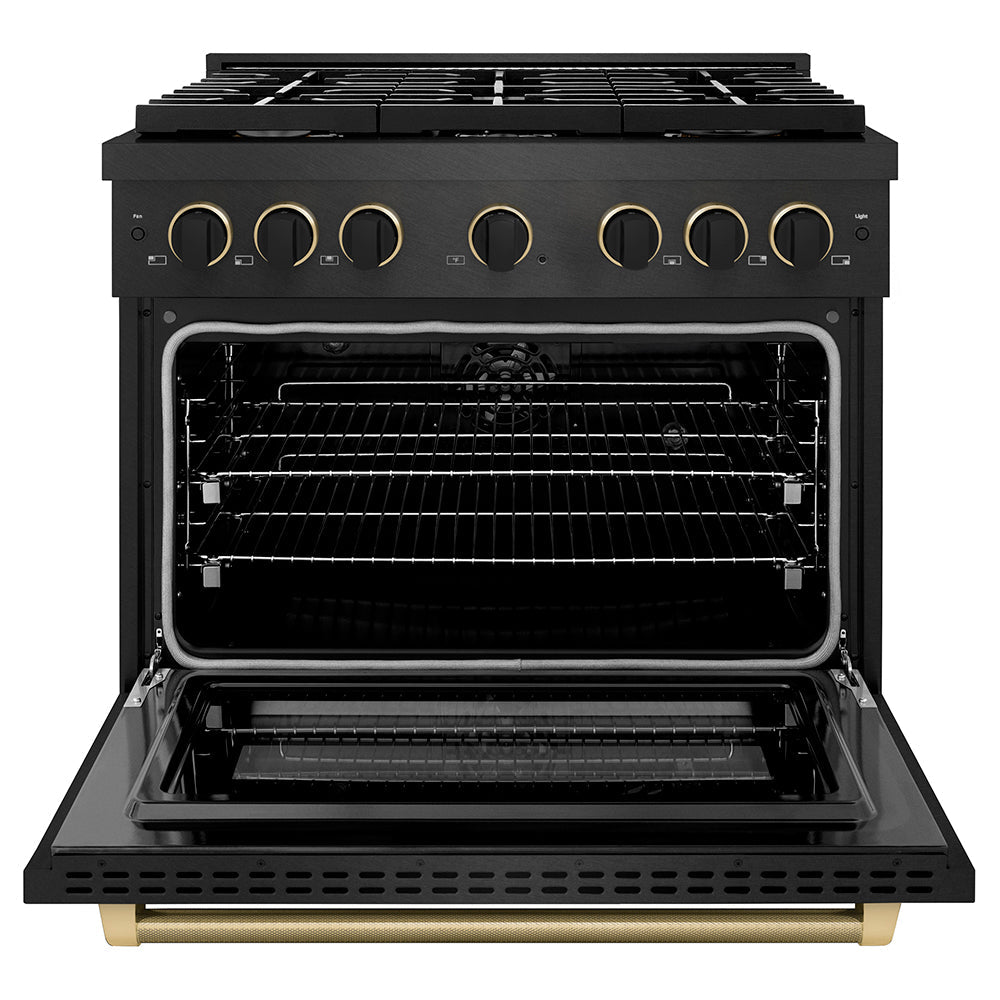 ZLINE Designer Collection 36 in. 5.2 cu. ft. Paramount Dual Fuel Range with 6 Burner Gas Cooktop and Electric Convection Oven in Black Satin Stainless Steel with Matte Black and Champagne Bronze Accents (SDRBSZ-36-MBCB)