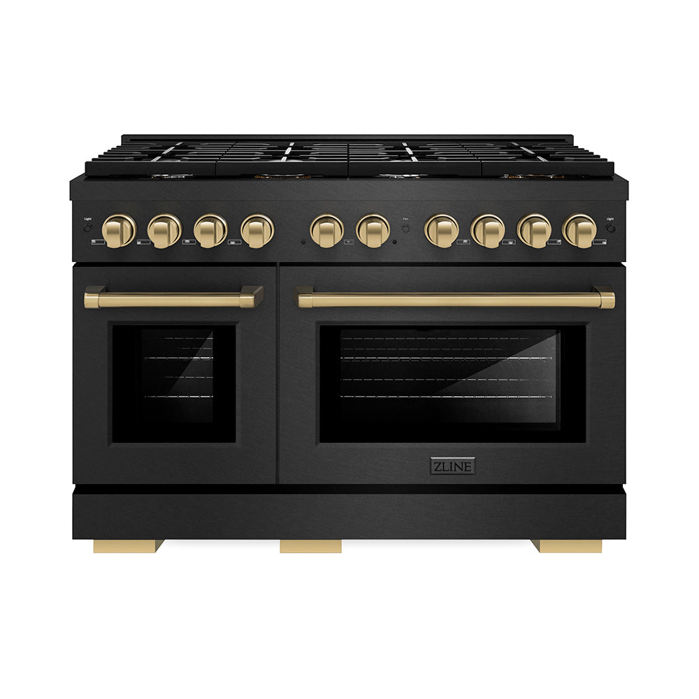 ZLINE Autograph Edition 48 in. 6.7 cu. ft. Paramount Double Oven Dual Fuel Range with 8 Burner Gas Cooktop in Black Satin Stainless Steel and Champagne Bronze Accents (SDRBSZ-48-CB)