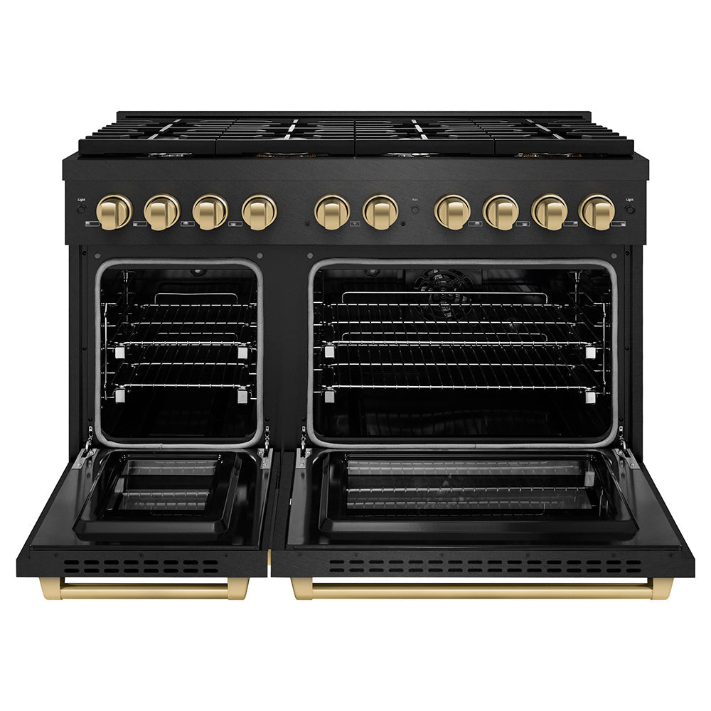 ZLINE Autograph Edition 48 in. 6.7 cu. ft. Paramount Double Oven Dual Fuel Range with 8 Burner Gas Cooktop in Black Satin Stainless Steel and Champagne Bronze Accents (SDRBSZ-48-CB)