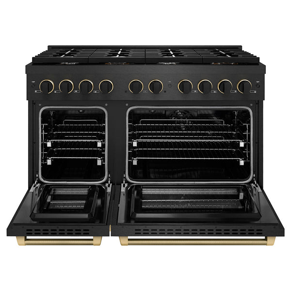 ZLINE Designer Collection 48 in. 6.7 cu. ft. Paramount Double Oven Dual Fuel Range with 8 Burner Gas Cooktop in Black Satin Stainless Steel with Matte Black and Champagne Bronze Accents (SDRBSZ-48-MBCB)