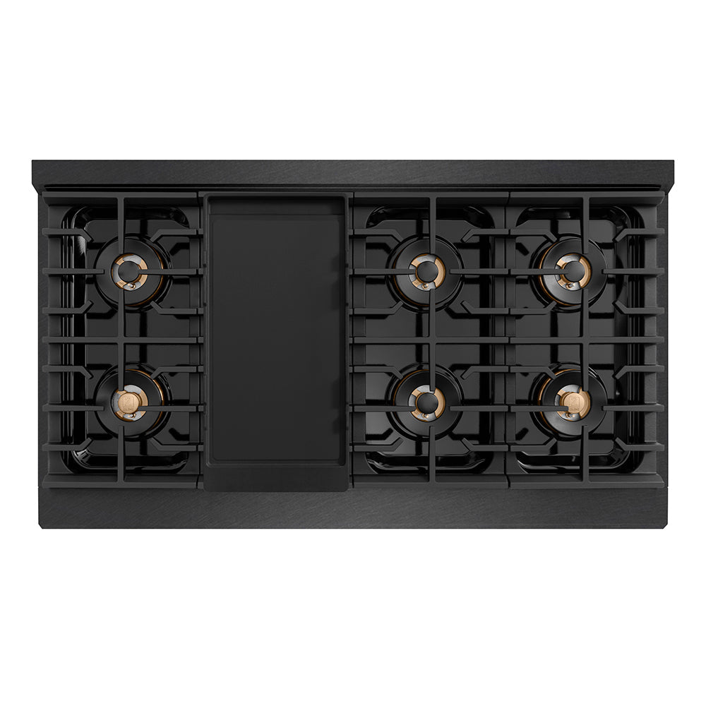 ZLINE Autograph Edition 48 in. 6.7 cu. ft. Paramount Dual Fuel Range with 8 Burner DuoPro™ Cooktop and Dual Ovens in Black Satin Stainless Steel and Polished Gold Accents (PSDRBSZ-48-G)