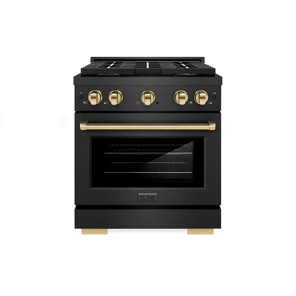 ZLINE Autograph Edition 30 in. 4.2 cu. ft. Paramount Dual Fuel Range with 4 Burner DuoPro™ Cooktop and Electric Convection Oven in Black Satin Stainless Steel and Polished Gold Accents (PSDRBSZ-30-G)