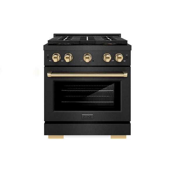 ZLINE Autograph Edition 30 in. 4.2 cu. ft. Paramount Dual Fuel Range with 4 Burner DuoPro™ Cooktop and Electric Convection Oven in Black Satin Stainless Steel and Polished Gold Accents (PSDRBSZ-30-G)
