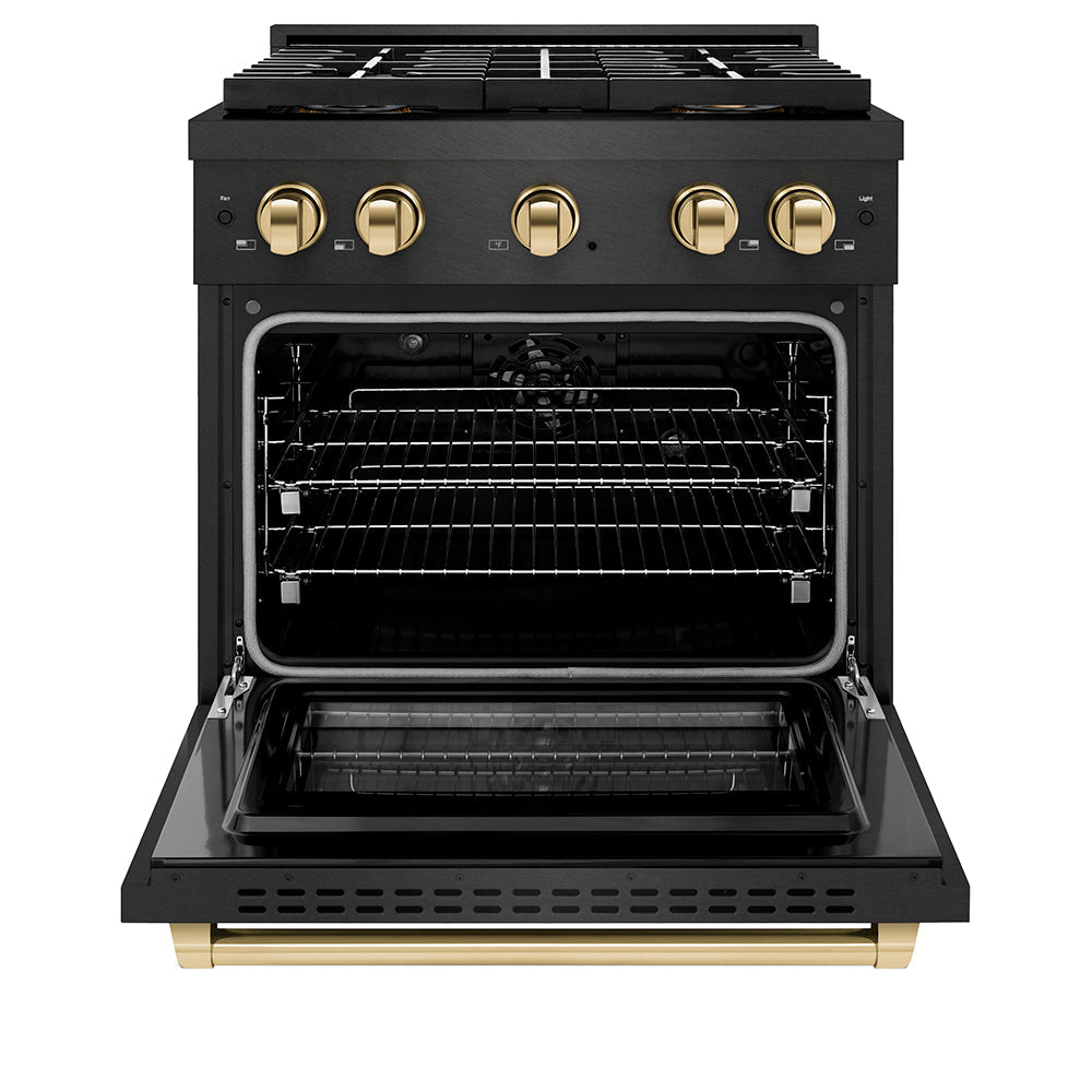 ZLINE Autograph Edition 30 in. 4.2 cu. ft. Paramount Dual Fuel Range with 4 Burner DuoPro™ Cooktop and Electric Convection Oven in Black Satin Stainless Steel and Polished Gold Accents (PSDRBSZ-30-G)