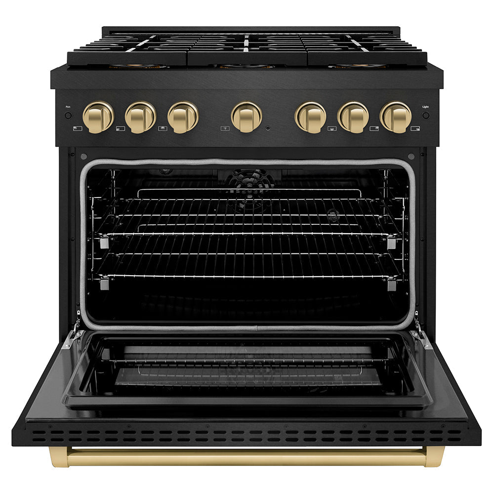 ZLINE Autograph Edition 36 in. 5.2 cu. ft. Paramount Dual Fuel Range with 6 Burner DuoPro™ Cooktop and Electric Convection Oven in Black Satin Stainless Steel and Champagne Bronze Accents (PSDRBSZ-36-CB)