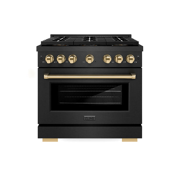 ZLINE Autograph Edition 36 in. 5.2 cu. ft. Paramount Dual Fuel Range with 6 Burner DuoPro™ Cooktop and Electric Convection Oven in Black Satin Stainless Steel and Polished Gold Accents (PSDRBSZ-36-G)