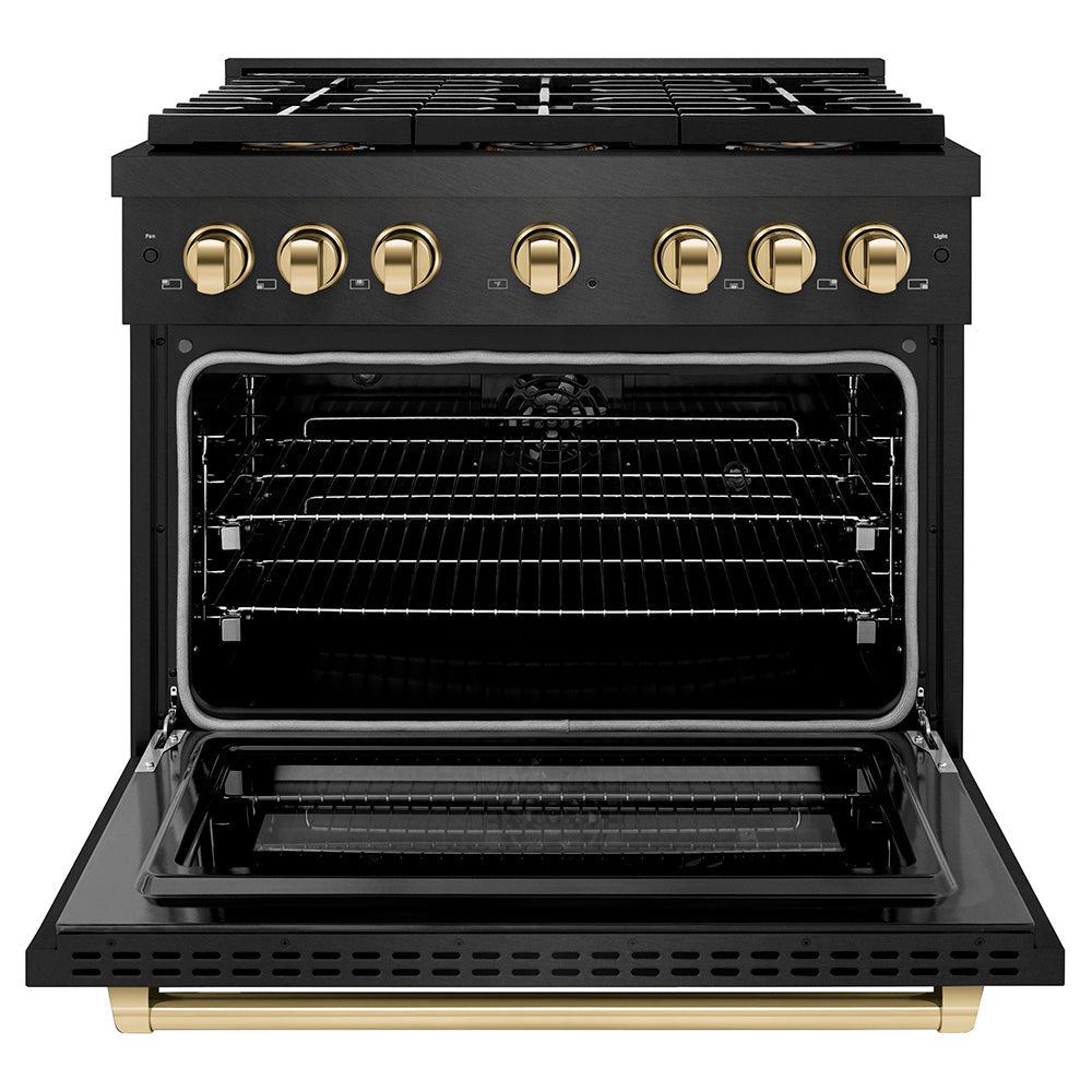 ZLINE Autograph Edition 36 in. 5.2 cu. ft. Paramount Dual Fuel Range with 6 Burner DuoPro™ Cooktop and Electric Convection Oven in Black Satin Stainless Steel and Polished Gold Accents (PSDRBSZ-36-G)
