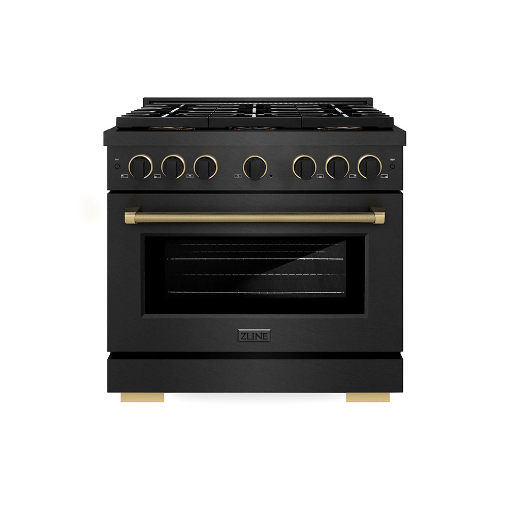 ZLINE Designer Collection 36 in. 5.2 cu. ft. Paramount Dual Fuel Range with 6 Burner DuoPro™ Cooktop and Electric Convection Oven in Black Satin Stainless Steel with Matte Black and Champagne Bronze Accents (PSDRBSZ-36-MBCB)