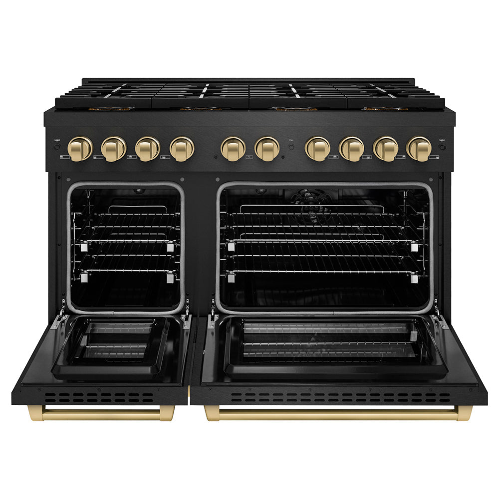 ZLINE Autograph Edition 48 in. 6.7 cu. ft. Paramount Dual Fuel Range with 8 Burner DuoPro™ Cooktop and Dual Ovens in Black Satin Stainless Steel and Champagne Bronze Accents (PSDRBSZ-48-CB)