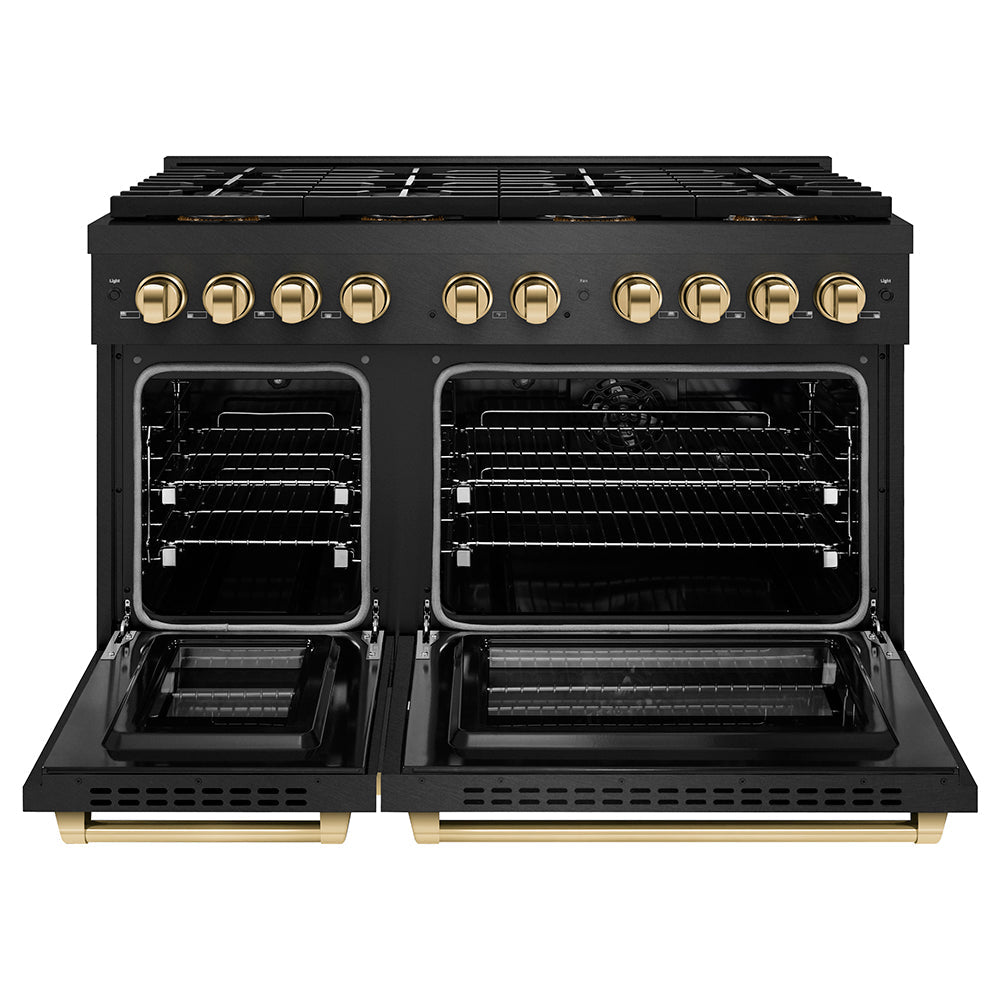 ZLINE Autograph Edition 48 in. 6.7 cu. ft. Paramount Dual Fuel Range with 8 Burner DuoPro™ Cooktop and Dual Ovens in Black Satin Stainless Steel and Polished Gold Accents (PSDRBSZ-48-G)