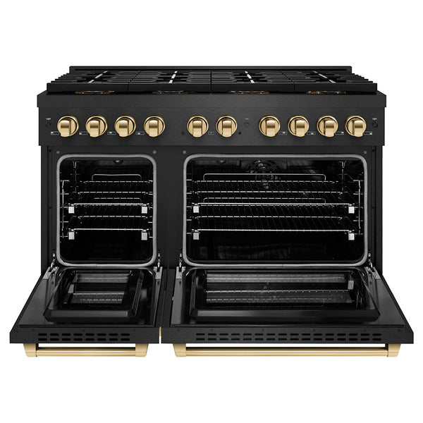 ZLINE Autograph Edition 48 in. 6.7 cu. ft. Paramount Dual Fuel Range with 8 Burner DuoPro™ Cooktop and Dual Ovens in Black Satin Stainless Steel and Polished Gold Accents (PSDRBSZ-48-G)