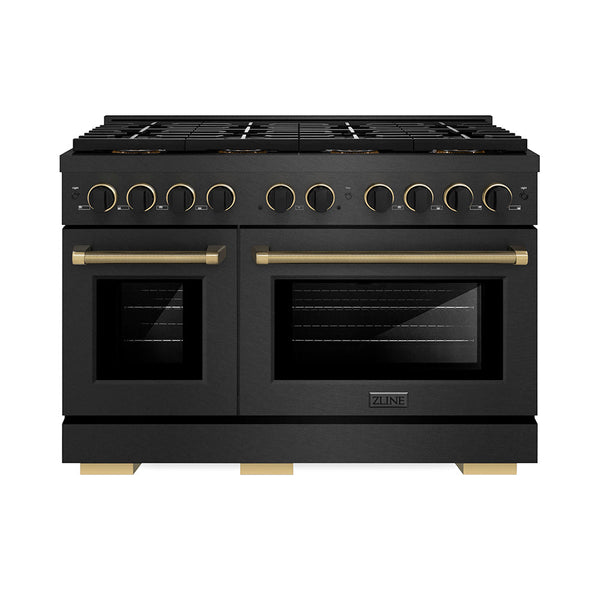 ZLINE Designer Collection 48 in. 6.7 cu. ft. Paramount Dual Fuel Range with 8 Burner DuoPro™ Cooktop and Dual Ovens in Black Satin Stainless Steel with Matte Black and Champagne Bronze Accents (PSDRBSZ-48-MBCB)
