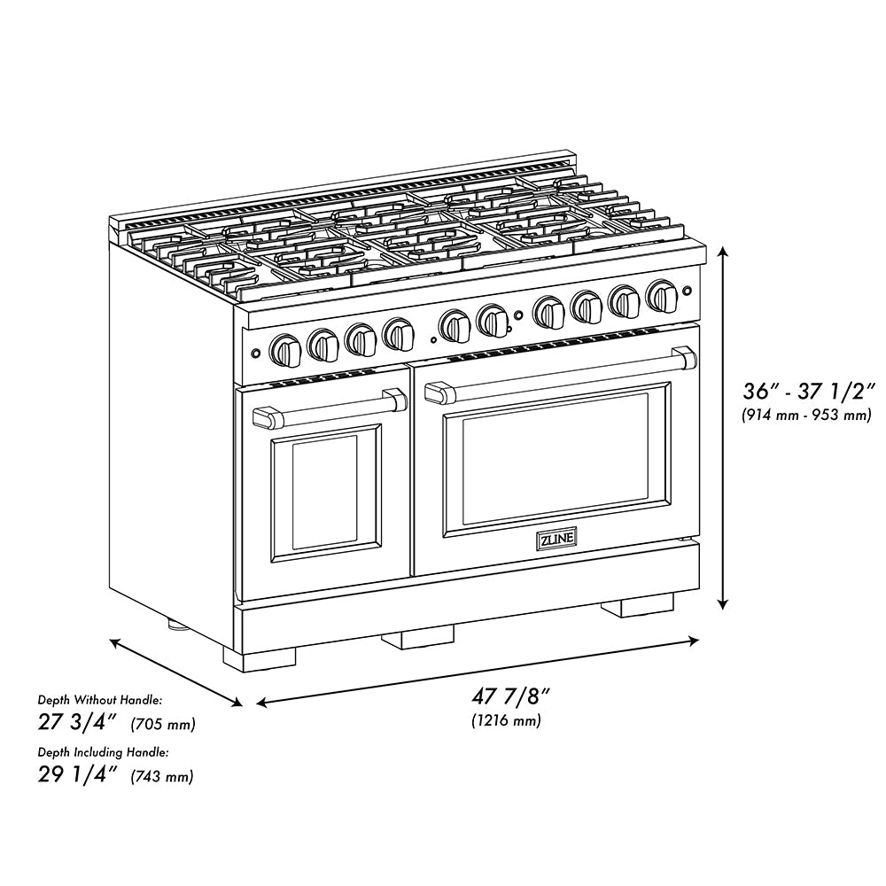 ZLINE 48 in. 6.7 cu. ft. Paramount Double Oven Gas Range in Black Satin Stainless Steel with 8 Brass Burners (SGRBS-BR-48)