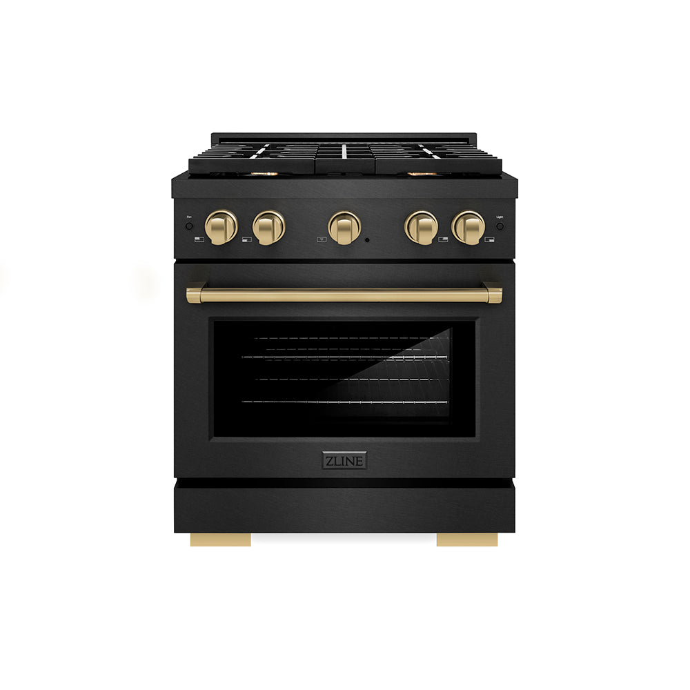 ZLINE Autograph Edition 30 in. 4.2 cu. ft. Paramount Gas Range with 4 Burner Cooktop and Convection Gas Oven in Black Satin Stainless Steel and Champagne Bronze Accents (SGRBSZ-30-CB)