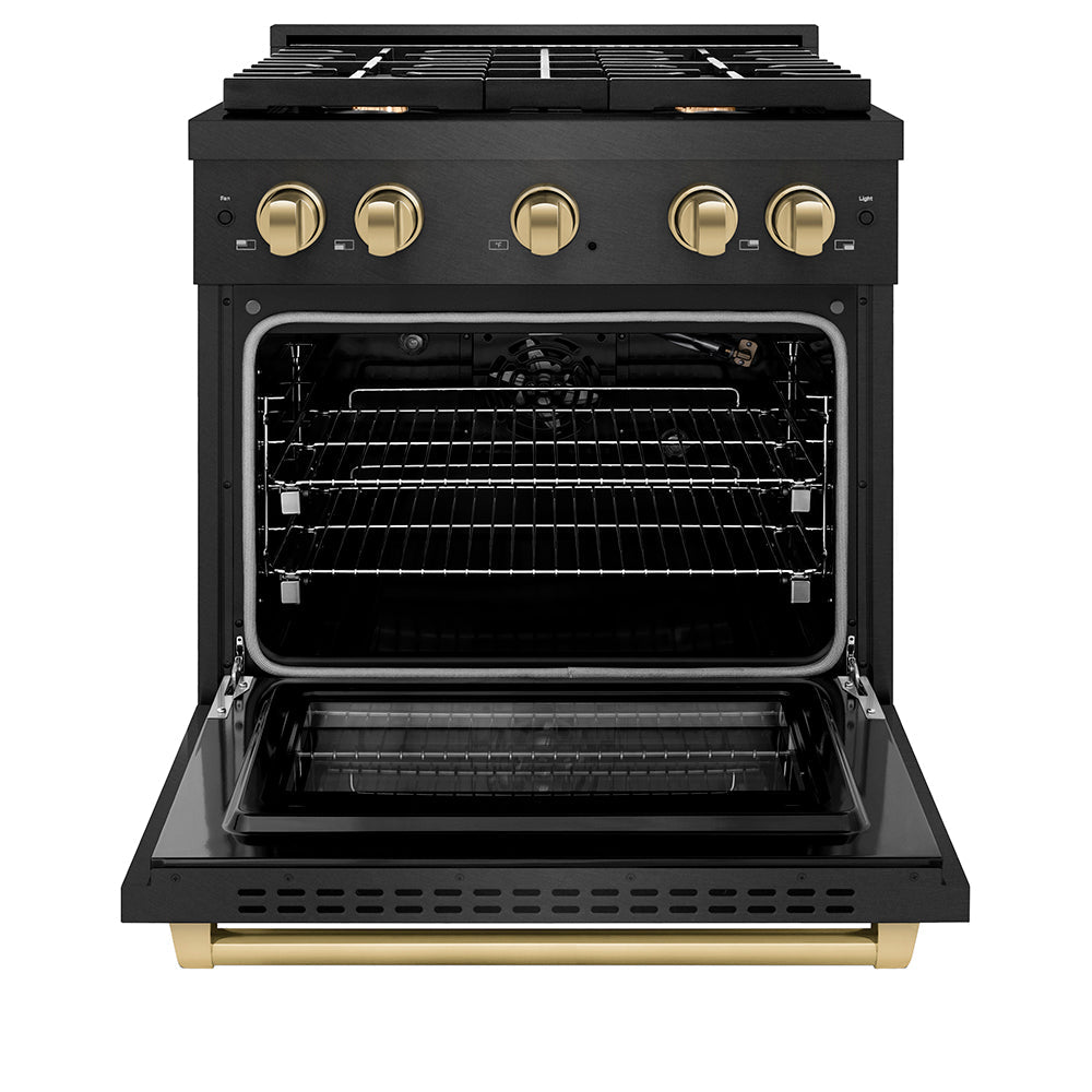ZLINE Autograph Edition 30 in. 4.2 cu. ft. Paramount Gas Range with 4 Burner Cooktop and Convection Gas Oven in Black Satin Stainless Steel and Champagne Bronze Accents (SGRBSZ-30-CB)