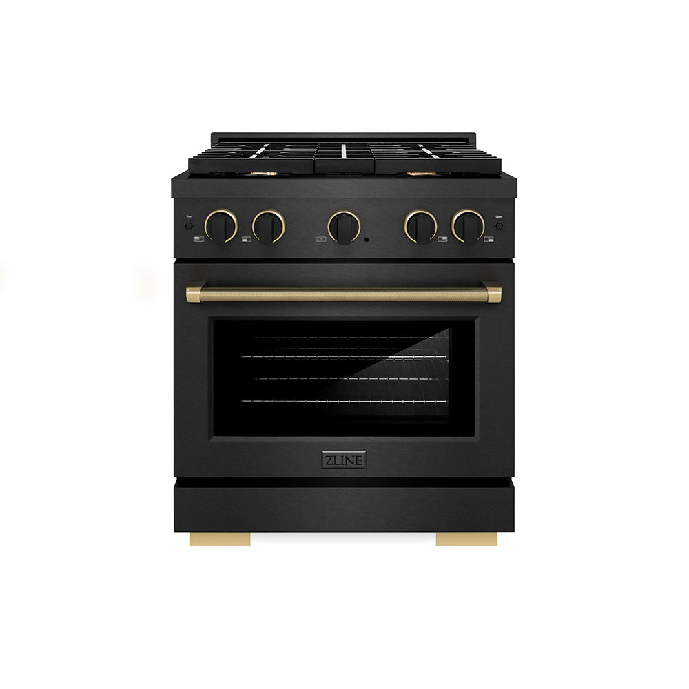 ZLINE Designer Collection 30 in. 4.2 cu. ft. Paramount Gas Range with 4 Burner Cooktop and Convection Gas Oven in Black Satin Stainless Steel with Matte Black and Champagne Bronze Accents (SGRBSZ-30-MBCB)