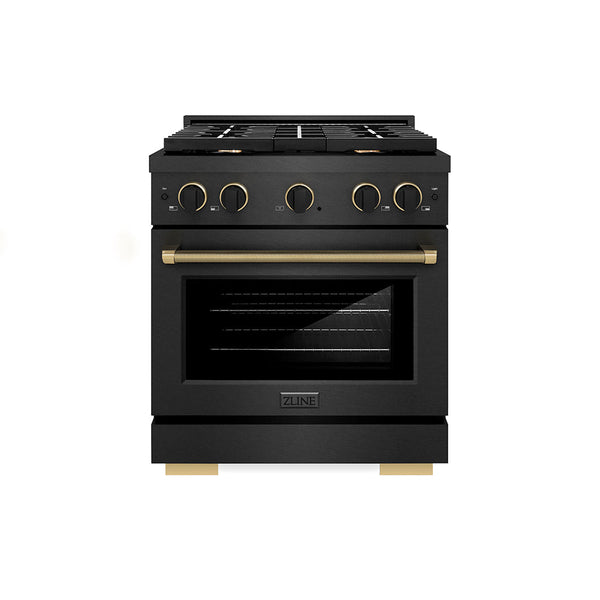 ZLINE Designer Collection 30 in. 4.2 cu. ft. Paramount Gas Range with 4 Burner Cooktop and Convection Gas Oven in Black Satin Stainless Steel with Matte Black and Champagne Bronze Accents (SGRBSZ-30-MBCB)