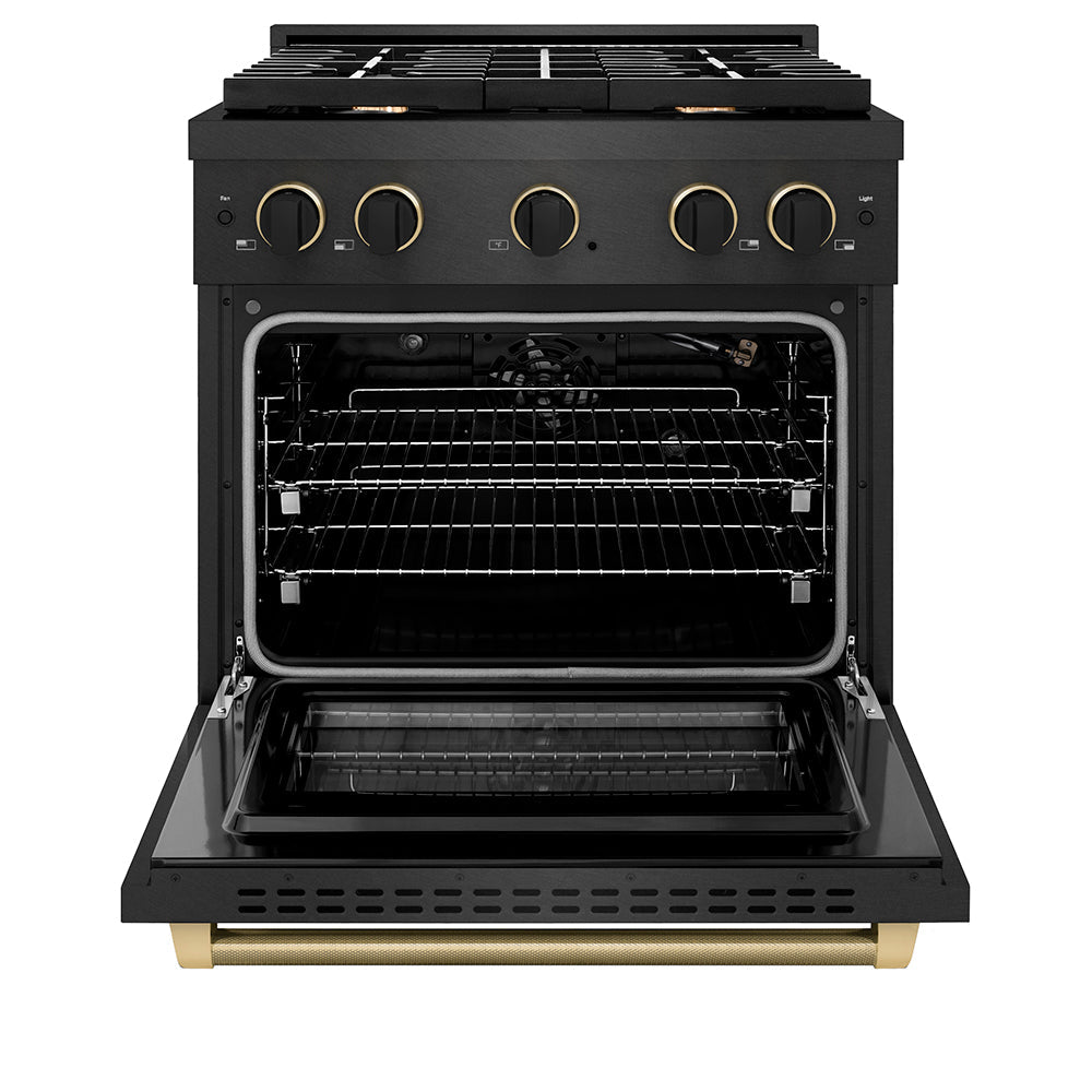 ZLINE Designer Collection 30 in. 4.2 cu. ft. Paramount Gas Range with 4 Burner Cooktop and Convection Gas Oven in Black Satin Stainless Steel with Matte Black and Champagne Bronze Accents (SGRBSZ-30-MBCB)