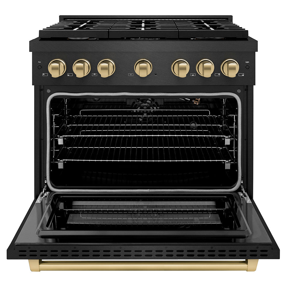 ZLINE Autograph Edition 36 in. 5.2 cu. ft. Paramount Gas Range with 6 Burner Cooktop and Convection Gas Oven in Black Satin Stainless Steel and Champagne Bronze Accents (SGRBSZ-36-CB)