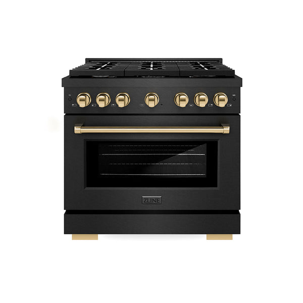 ZLINE Autograph Edition 36 in. 5.2 cu. ft. Paramount Gas Range with 6 Burner Cooktop and Convection Gas Oven in Black Satin Stainless Steel and Polished Gold Accents (SGRBSZ-36-G)