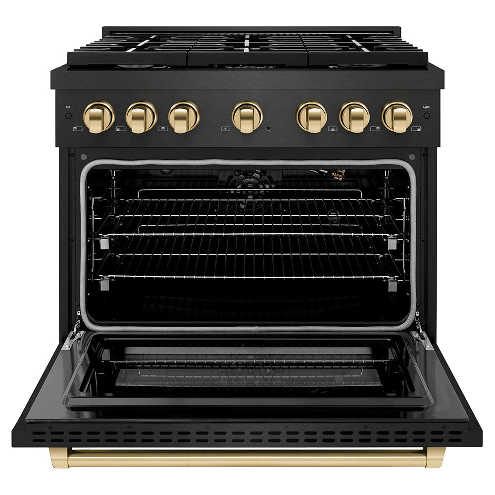ZLINE Autograph Edition 36 in. 5.2 cu. ft. Paramount Gas Range with 6 Burner Cooktop and Convection Gas Oven in Black Satin Stainless Steel and Polished Gold Accents (SGRBSZ-36-G)