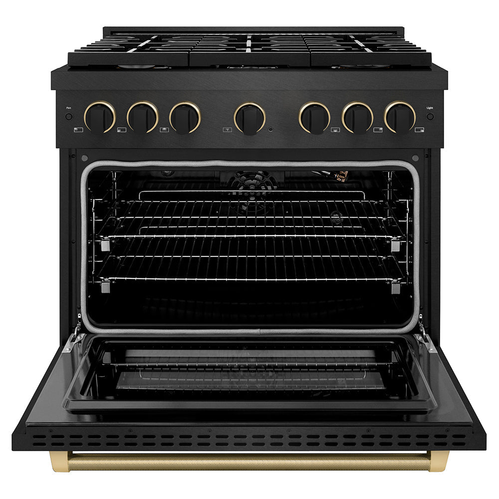 ZLINE Designer Collection 36 in. 5.2 cu. ft. Paramount Gas Range with 6 Burner Cooktop and Convection Gas Oven in Black Satin Stainless Steel with Matte Black and Champagne Bronze Accents (SGRBSZ-36-MBCB)